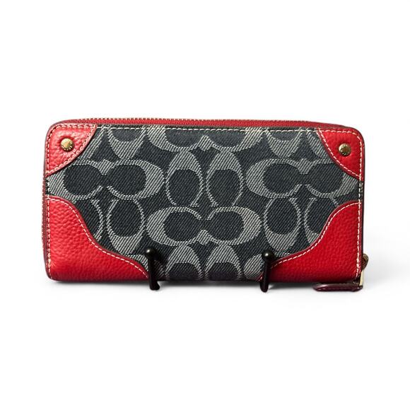 Coach Long Signature Wallet Xip Around Denim and Red - Picture 1 of 8